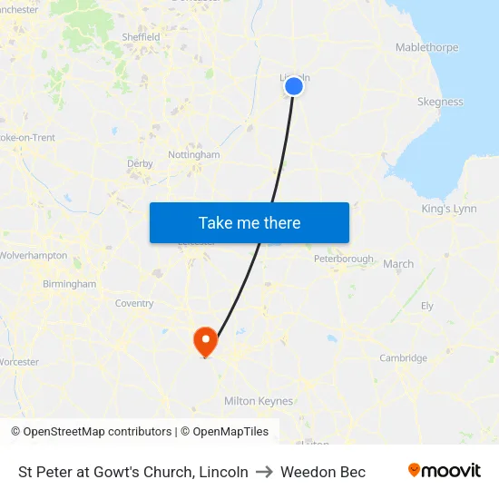 St Peter at Gowt's Church, Lincoln to Weedon Bec map