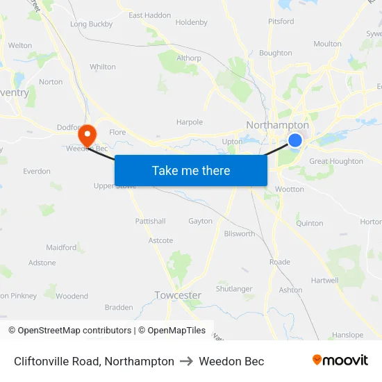 Cliftonville Road, Northampton to Weedon Bec map