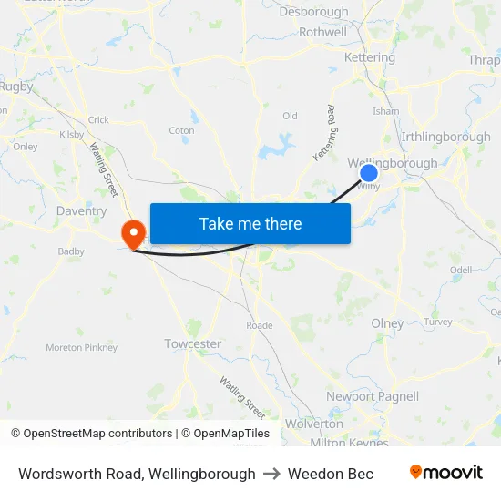 Wordsworth Road, Wellingborough to Weedon Bec map