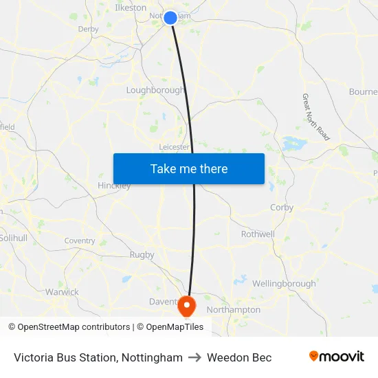 Victoria Bus Station, Nottingham to Weedon Bec map