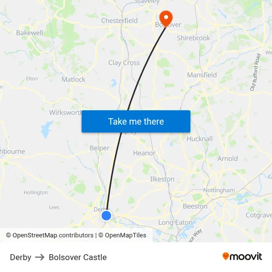 Derby to Bolsover Castle map