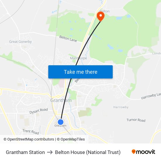 Grantham Station to Belton House (National Trust) map