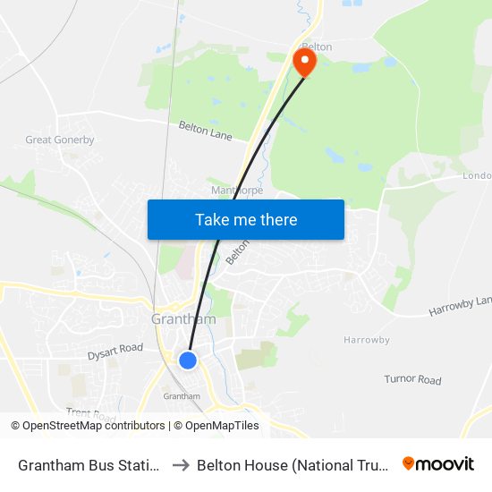 Grantham Bus Station to Belton House (National Trust) map