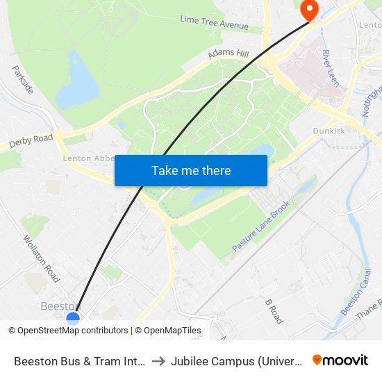Beeston Bus & Tram Interchange, Beeston to Jubilee Campus (University Of Nottingham) map