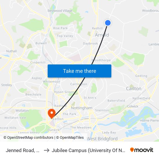 Jenned Road, Arnold to Jubilee Campus (University Of Nottingham) map