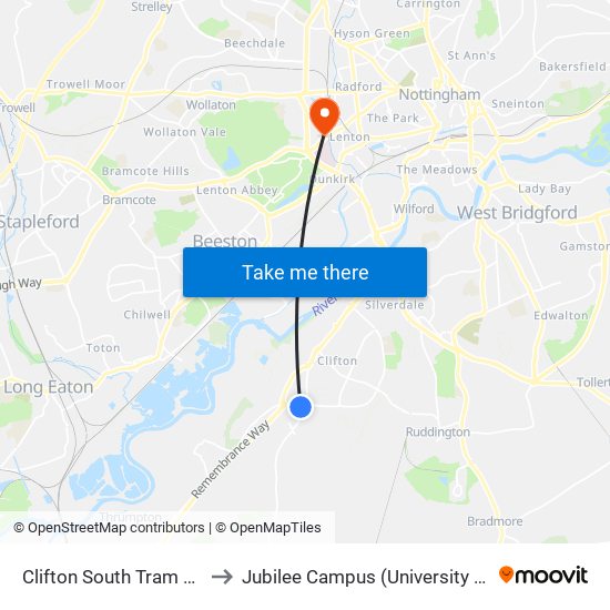 Clifton South Tram Stop, Clifton to Jubilee Campus (University Of Nottingham) map