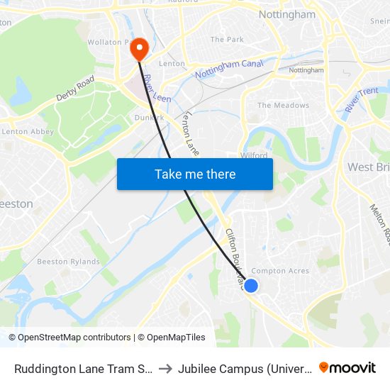 Ruddington Lane Tram Stop, Compton Acres to Jubilee Campus (University Of Nottingham) map