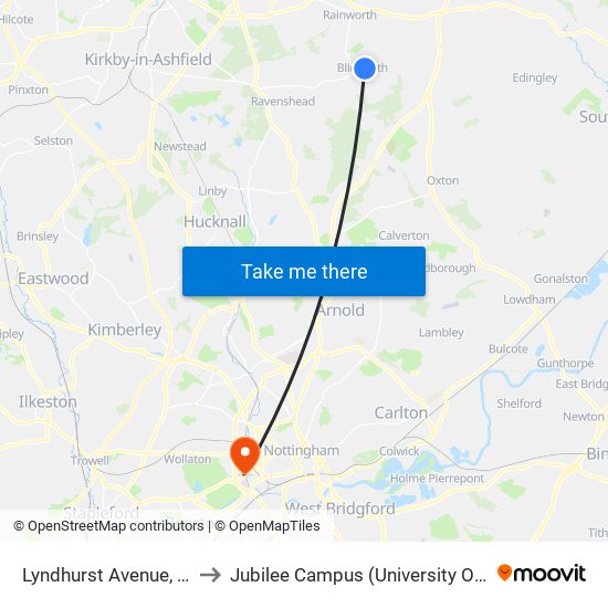 Lyndhurst Avenue, Blidworth to Jubilee Campus (University Of Nottingham) map