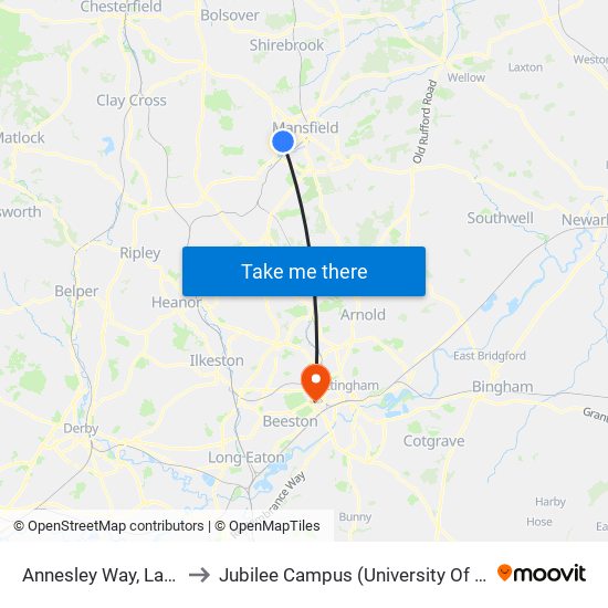 Annesley Way, Ladybrook to Jubilee Campus (University Of Nottingham) map