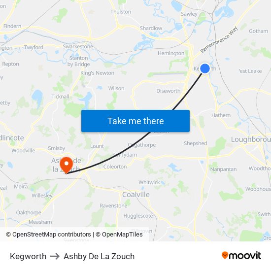 Kegworth to Ashby De La Zouch map