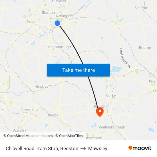 Chilwell Road Tram Stop, Beeston to Mawsley map