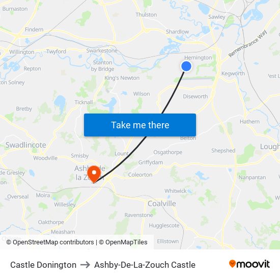 Castle Donington to Ashby-De-La-Zouch Castle map