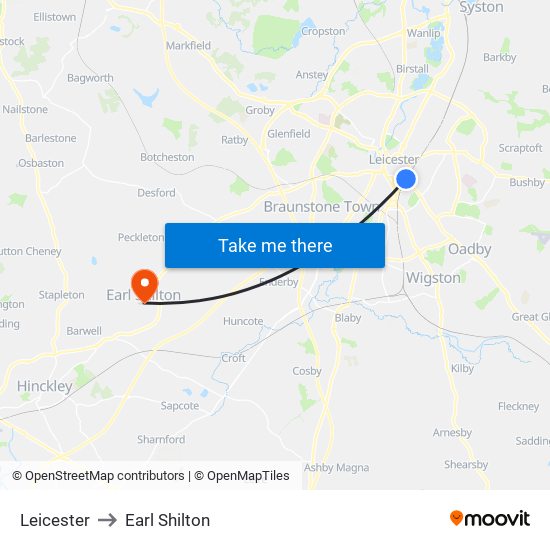 Leicester to Earl Shilton map