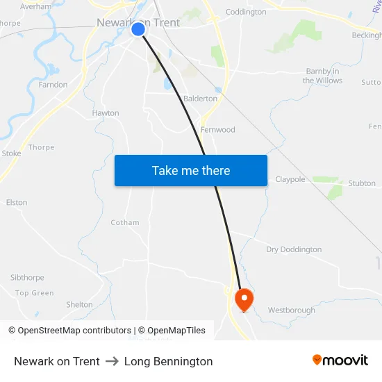 Newark on Trent to Long Bennington map