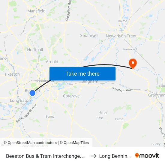Beeston Bus & Tram Interchange, Beeston to Long Bennington map