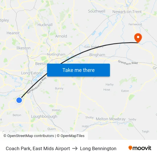 Coach Park, East Mids Airport to Long Bennington map