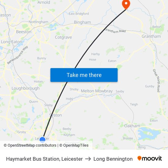 Haymarket Bus Station, Leicester to Long Bennington map