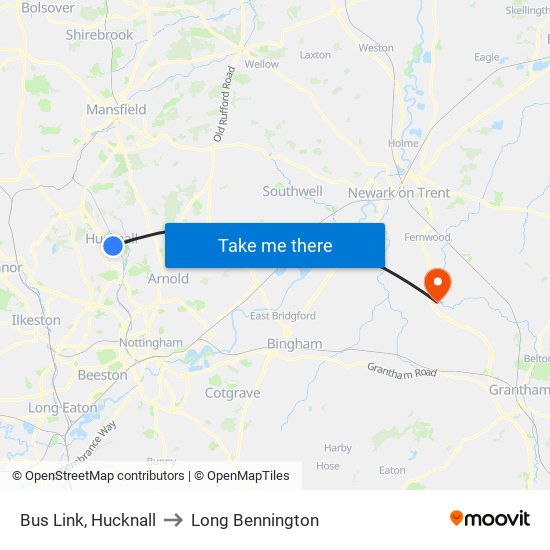 Bus Link, Hucknall to Long Bennington map