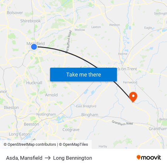 Asda, Mansfield to Long Bennington map