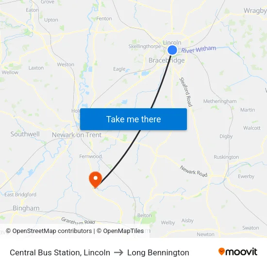 Central Bus Station, Lincoln to Long Bennington map
