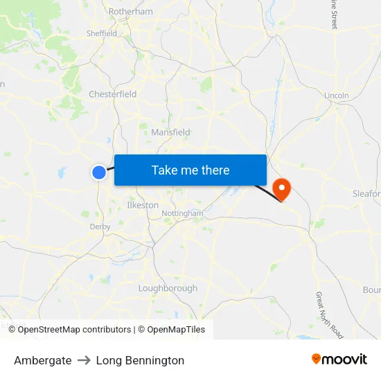 Ambergate to Long Bennington map