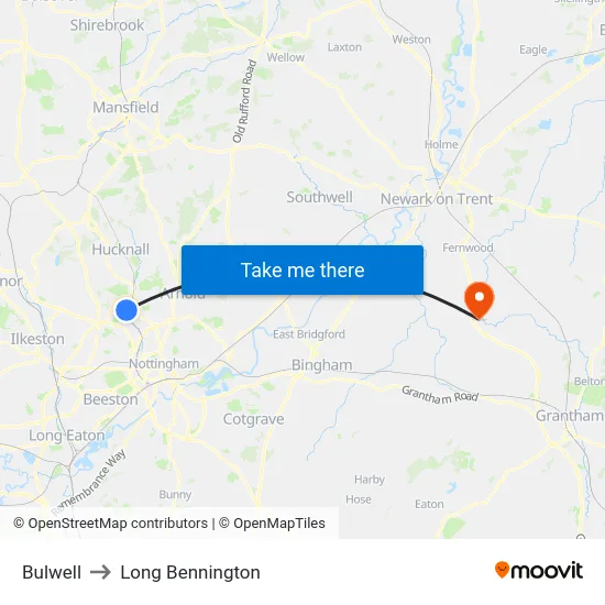 Bulwell to Long Bennington map