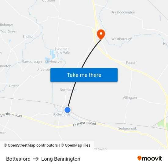 Bottesford to Long Bennington map