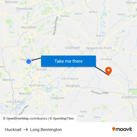 Hucknall to Long Bennington map