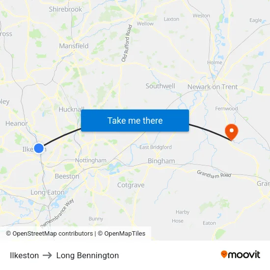 Ilkeston to Long Bennington map