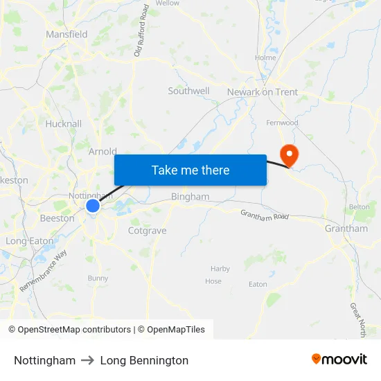 Nottingham to Long Bennington map