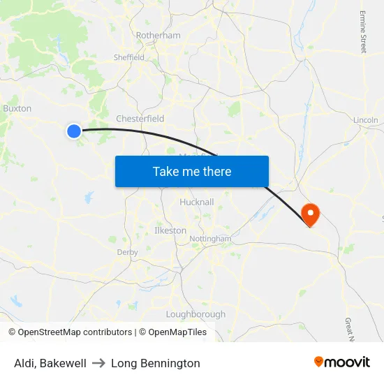 Aldi, Bakewell to Long Bennington map