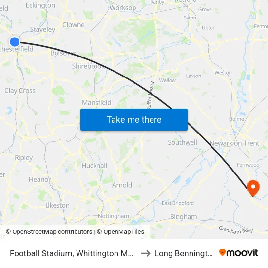 Football Stadium, Whittington Moor to Long Bennington map