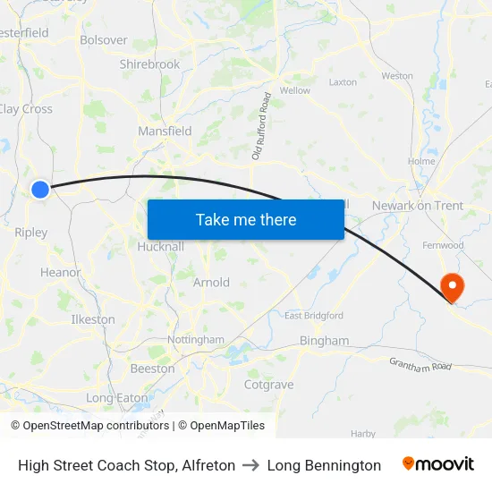 High Street Coach Stop, Alfreton to Long Bennington map