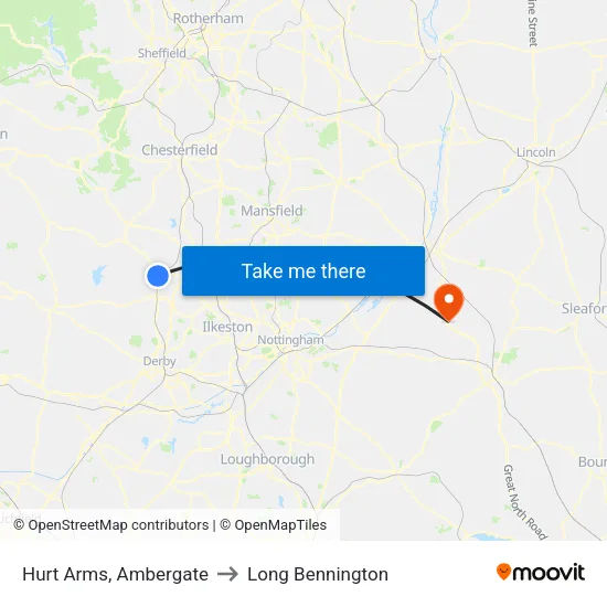 Hurt Arms, Ambergate to Long Bennington map