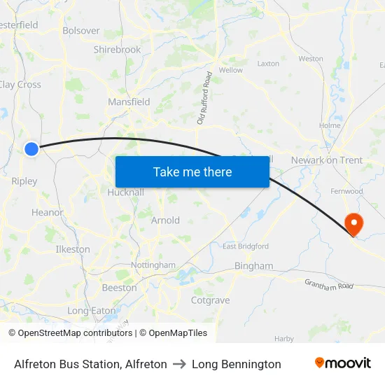 Alfreton Bus Station, Alfreton to Long Bennington map