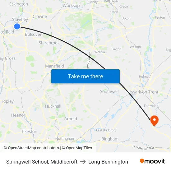 Springwell School, Middlecroft to Long Bennington map