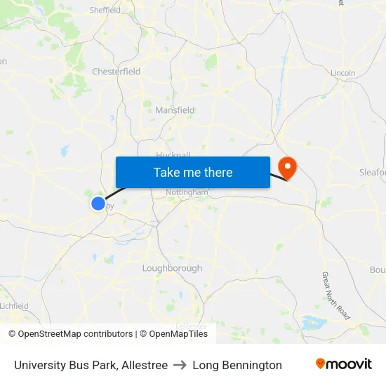 University Bus Park, Allestree to Long Bennington map