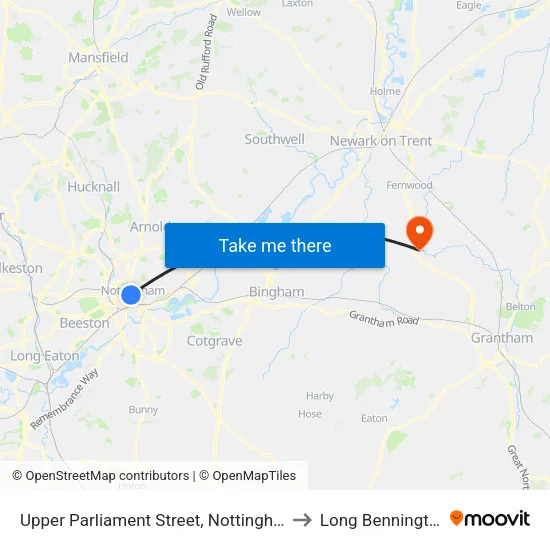 Upper Parliament Street, Nottingham to Long Bennington map