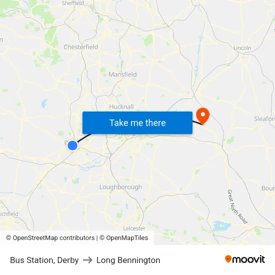 Bus Station, Derby to Long Bennington map
