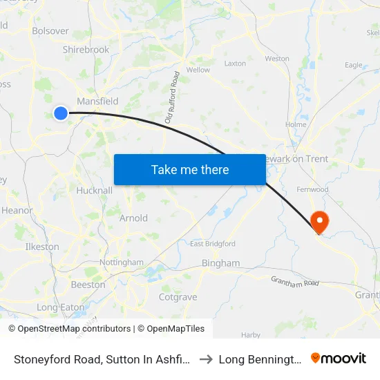 Stoneyford Road, Sutton In Ashfield to Long Bennington map