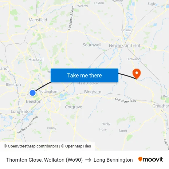 Thornton Close, Wollaton (Wo90) to Long Bennington map