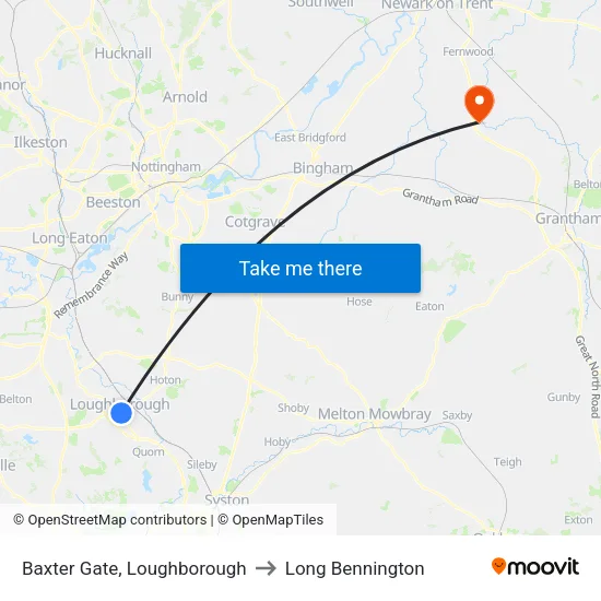 Baxter Gate, Loughborough to Long Bennington map