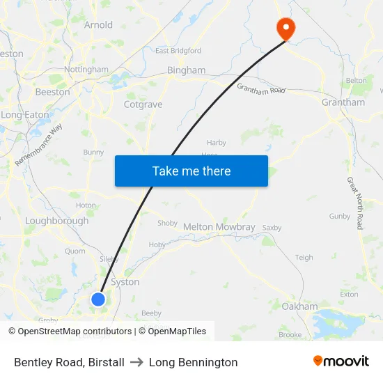 Bentley Road, Birstall to Long Bennington map