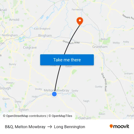 B&Q, Melton Mowbray to Long Bennington map