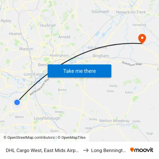 DHL Cargo West, East Mids Airport to Long Bennington map