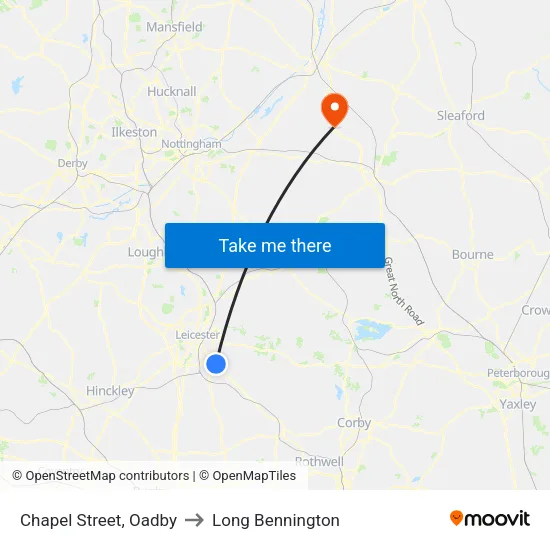 Chapel Street, Oadby to Long Bennington map