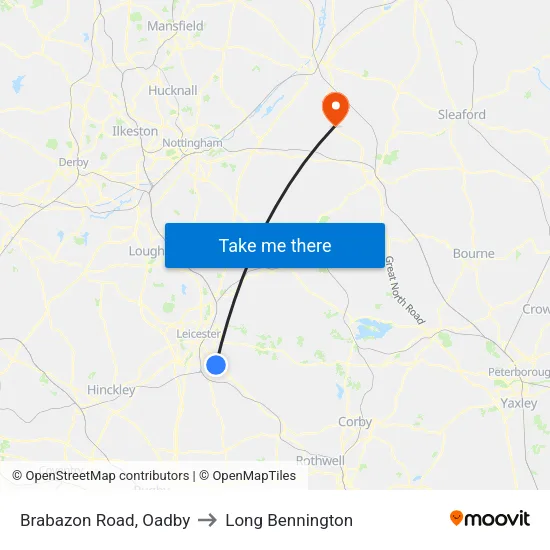 Brabazon Road, Oadby to Long Bennington map