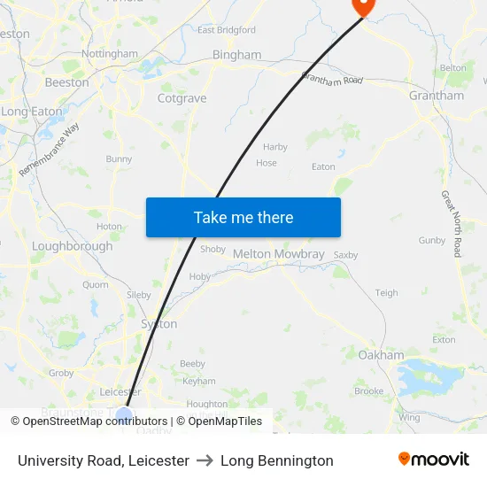 University Road, Leicester to Long Bennington map