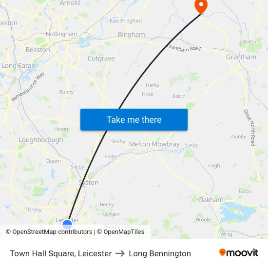 Town Hall Square, Leicester to Long Bennington map