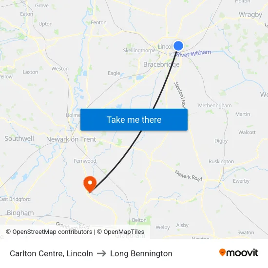 Carlton Centre, Lincoln to Long Bennington map